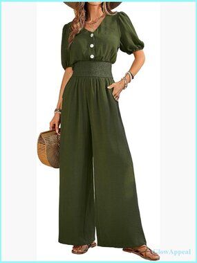 Short Sleeve V Neck Wide Leg Jumpsuit Romper Dressy Casual One Piece